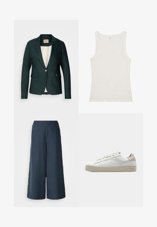 Mos Mosh BLAKE NIGHT - Blazer - dark pine; Vit bomullstopp med vid halsringning och tunna axelremmar. Slät textur utan synliga mönster eller dekorationer.; Breda byxor i marinblått, tillverkade av lättviktig tyg. Har en något texturerad yta, elastisk midja och framseams.; Vit lädersneaker med en slät yta, beige mockadetaljer, rund tå, platt snörningsdesign och en texturerad gummisula.