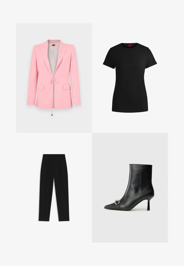 Różowa marynarka o dopasowanym kroju, długie rękawy i dwie przednie kieszenie; posiada zapięcie na wstążkę oraz gładką podszewkę.; Czarna bawełniana koszulka z krótkimi, podwiniętymi rękawami, okrągłym dekoltem i czerwoną metką. Gładka tekstura, dopasowany fason z minimalnymi detalami.; Czarne spodnie o prostym kroju, z podwójnymi zakładkami, gładką teksturą i klasycznym krojem w talii. Bez widocznych elementów metalowych ani akcentów.; Czarny skórzany botek za kostkę z szpiczastym noskiem, smukłym średnim obcasem i srebrnym zapięciem po boku na jednolitym tle.