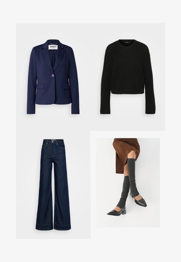 Blazer azul-marinho feito de tecido suave com lapela entalhada, fecho de botão único e dois bolsos frontais. Design minimalista.; Sweater preto tricotado com decote redondo e mangas longas. Apresenta um padrão texturizado e um design cropped.; Calças largas de cintura alta em azul escuro, com bolsos frontais, passantes para cinto, fecho de botão e costura visível em fundo branco.; Sapatos pretos de pele lacada com biqueira pontuda, salto bloco e tiras no tornozelo, combinados com caneleiras cinzas em malha e uma saia de camurça castanha.