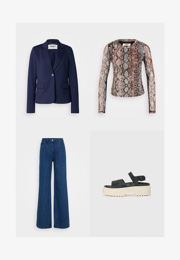 Sacou bleumarin dintr-un material neted, cu rever înclinat, închidere cu un singur nasture și două buzunare frontale. Design minimalist.; Tricou cu mânecă lungă, având un model imprimat cu șarpe multicolor în nuanțe de roz, gri și maron. Fabricat dintr-un material elastic și ușor.; Jeans din denim albastru, cu pantaloni largi, talie înaltă, închidere cu buton și fermoar frontal, și buzunare în față și în spate, pe un fundal simplu.; Sandale cu platformă din suede negru, cu talpă albă voluminoasă, curea frontală lată și baretă reglabilă pentru glezna. Talpă texturată pentru aderență.