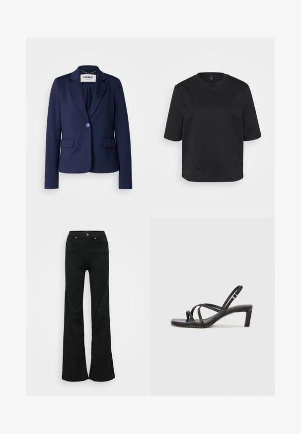 Námorně modrý blazer vyrobený z hladké látky s klopovým límcem, jedním knoflíkem na zapínání a dvěma předními kapsami. Minimalistický design.; Černé tričko s kulatým výstřihem vyrobené z bavlny, s krátkými rukávy a volným střihem. Hladký povrch bez viditelných vzorů nebo akcentů.; Černé zvonové džíny vyrobené z denimu, s vysokým pasem, pěti kapsami a kovovým zapínáním. Hladká textura s minimálním zdobením.; Černé sandály na tenkém podpatku se čtveratou špičkou a nízkým blokovým podpatkem. Mají několik tenkých popruhů a nastavitelné zapínání okolo kotníku. Vyrobeny z hladké kůže.