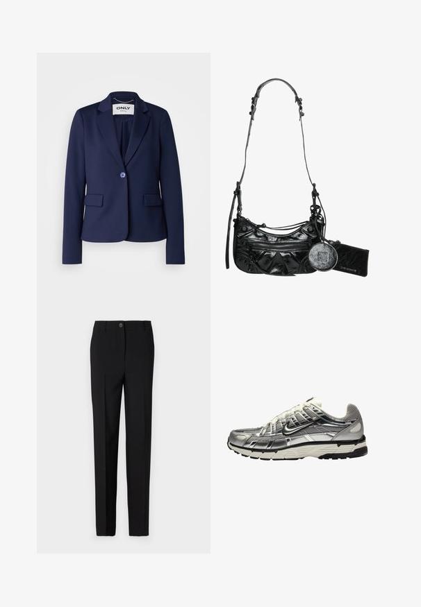 Tumesinine bleiser, mis on valmistatud siledast kangast, millel on lõikega krae, ühe nupuga kinnitamine ja kaks esist olnud taskut. Minimalistlik disain.; Leopardimustriga pikkade varrukatega pluus kõrge kaelusega, valmistatud venivast kangast. Omab beeži tausta pruunide laikudega. Sile tekstuur, keha lähedane disain.; Mustad kohandatud püksid sirge jalgade lõikega, varustatud nupuvajutuse ja vöökohaga, valmistatud siledast kangast.; Hõbedane ja must sportlik king, millel on võrgust ja sünteetiline ülemine osa, mahukas disain ja tekstureeritud viimistlus. Omab polsterdatud kaelaosa ja kummist tallat.; Must mustnahk tasku, millel on kaarjas disain, tõmblukuga esi-tasku ja dekoratiivne riistvara koos eemaldatava ümmarguse mündikotiga.