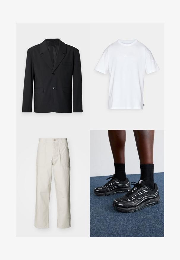 Sacou negru cu guler cu retez și închidere cu un singur nasture, două buzunare frontale și un buzunar pe piept. Fabrică netedă cu un design clasic.; Tricou alb din bumbac, cu mâneci scurte și guler rotund. Prezintă un mic logo Nike, discret, pe piept și o eticheta pe lateral.; Pantaloni wide-leg de culoare bej deschis, confecționați din bumbac. Dispun de buzunare frontale și închidere cu nasture. Textură netedă cu linii verticale subtile.; Pantofii negri Nike au un superior din plasă cu dungi accentuate, șireturi texturate și o talpă din cauciuc negru. Purtați cu șosete negre cu model rib.