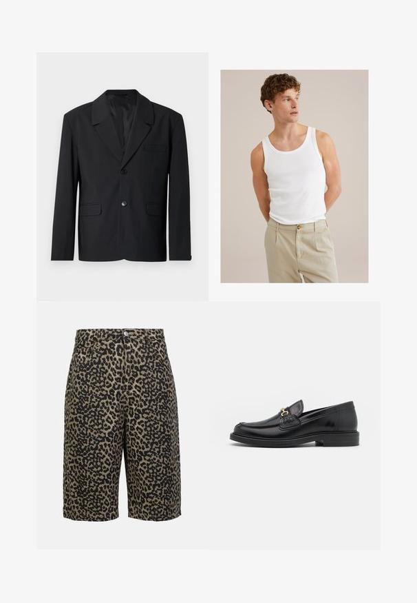 Czarny żakiet z wykładanym kołnierzem, z pojedynczym zapięciem na guzik, dwoma przednimi kieszeniami i kieszenią na piersi. Gładki materiał z klasycznym wzornictwem.; Biały bawełniany top na ramiączkach z okrągłym dekoltem i szerokimi ramiączkami, połączony z jasnobeżowymi spodniami z guzikiem i plisami.; Denimowe szorty w print w panterkę w ziemistych kolorach, z zapięciem na guzik, pięcioma kieszeniami i luźnym krojem.; Czarne skórzane loafersy z zaokrąglonym noskiem, z ozdobnymi złotymi akcentami i detalami szycia, osadzone na niskiej, teksturowanej gumowej podeszwie.