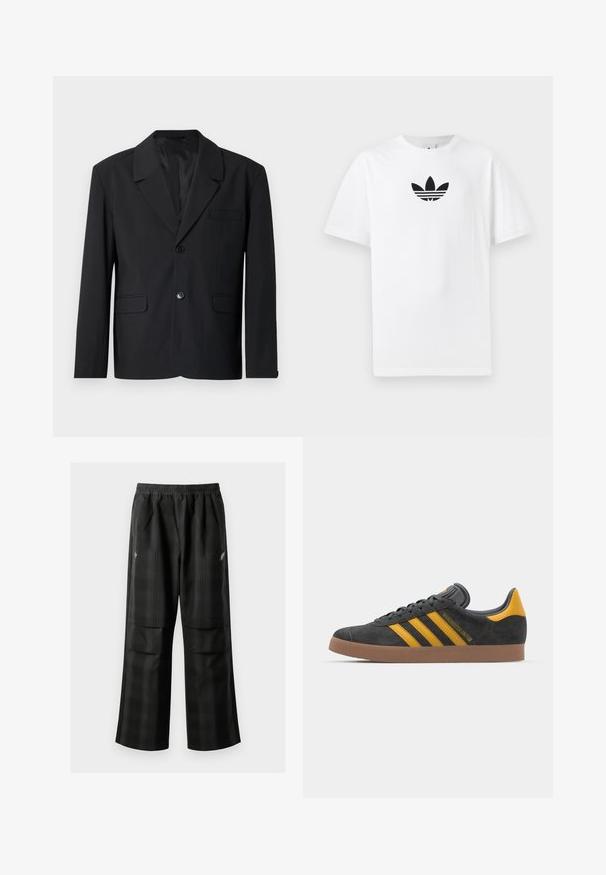 Blazer preto com colarinho com bicos, fecho de um único botão, dois bolsos frontais e um bolso no peito. Tecido suave com um design clássico.; T-shirt de algodão branco com um logo preto da Adidas no centro. Mangas curtas e um design de gola redonda. Textura suave.; Calças pretas em padrão xadrez com cintura elástica, dois bolsos frontais e um ajuste solto com design de perna reta. Feitas de material leve.; Tenis em camurça preta com detalhes amarelos, apresentando três riscas e uma sola de borracha castanha. Inclui uma língua acolchoada para maior conforto.