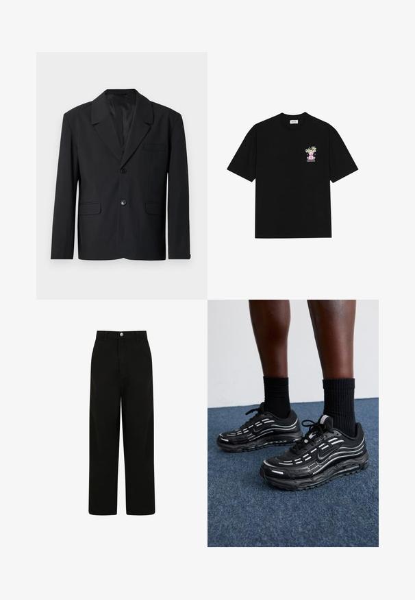 Schwarzer Blazer mit Reverskragen, Ein-Knopf-Verschluss, zwei Vorder Taschen und einer Brusttasche. Glattes Material mit klassischem Design.; Schwarzes Baumwoll-T-Shirt mit einem bunten Grafikdesign auf der linken Brust, das einen Teddy und stilisierten Text zeigt, mit kurzen Ärmeln und Rundhalsausschnitt.; Schwarze weit geschnittene Hose aus Baumwolle. Verfügt über einen Frontknopfverschluss, zwei Seitentaschen und ein lässiges Design.; Schwarze Nike-Schuhe verfügen über ein Obermaterial aus Mesh mit Akzentstreifen, strukturiertem Schnürsystem und einer schwarzen Gummisohle. Getragen mit schwarzen, gerippten Socken.
