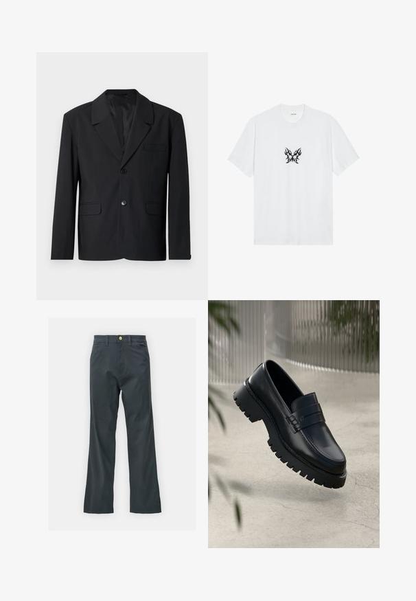 Musternahk, mille on terav krae, ühe nupuga kinnitamine, kaks esikäepidet ja rinnaauk. Sile kangas klassikalise disainiga.; Valge puuvillane T-särk lühikeste varrukatega ja ümmarguse kaelusega. Keskosas on musta leegikujundiga liblika graafika. Sile tekstuur.; Mustad püksid sirge säärega, valmistatud puuvillasegistuse kangast. Omavad metallist nööbiga sulgemist ja küljetaskuid. Ilma nähtavate mustriteta.; Mustad nahkseid loafereid paksu tallaga, kaunistatud rihma ja õmbluse detailidega. Siledat tekstuuri kaunistab läikiv viimistlus.