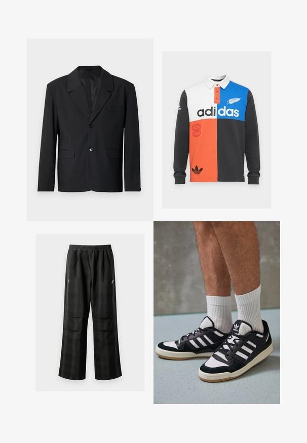 Blazer nero con colletto a pistagna, chiusura a un bottone, due tasche frontali e una tasca sul petto. Tessuto liscio con un design classico.; Polo a maniche lunghe color block in nero, bianco, arancione e blu, con colletto, piastra con bottoni e grande marchio Adidas.; Pantaloni a quadri neri con vita elasticizzata, due tasche frontali e una vestibilità ampia con design a gamba dritta. Realizzati in materiale leggero.; Sneaker bianco e nero con tomaia in suede e pelle, caratterizzati da tre strisce bianche, punta perforata e suola in gomma naturale.