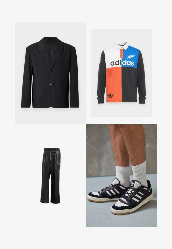 Blazer noir avec un col cranté, fermeture à un bouton, deux poches avant et une poche poitrine. Tissu lisse avec un design classique.; Polo shirt à manches longues en blocs de couleur noir, blanc, orange et bleu, avec un col, une patte de boutonnage et un logo Adidas bien visible.; Pantalons de sport synthétiques noirs avec une taille élastique, dotés de rayures blanches sur les côtés et d'un petit logo blanc sur la hanche gauche.; Baskets noir et blanc avec une tige en suède et cuir, comportant trois rayures blanches, un bout perforé et une semelle en caoutchouc gum.