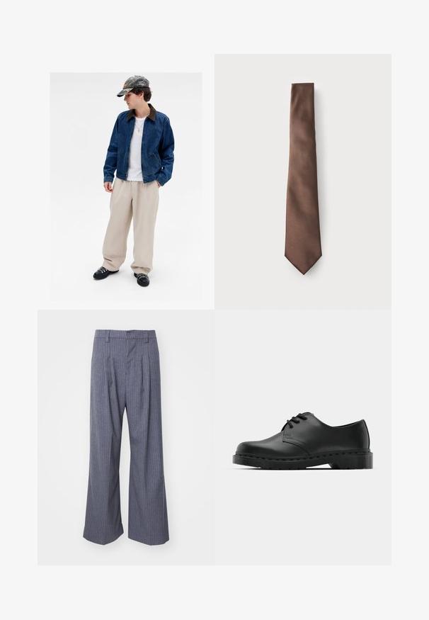 Mladić koji nosi kape u kamuflažnom uzorku, plavi traper jaknu, bijelu majicu, bež široke hlače, crne cipele i zlatni lančić s križem, stoji naslonjen na bijelu pozadinu.; Bijela košulja dugih rukava s gumbima napravljena od glatkog materijala. Ima klasičan ovratnik, prednje gumbe i manžete s jednim gumbom. Dizajn u uskom kroju.; Sive prugaste hlače širokog kroja, s nabranim detaljima sprijeda i glatkom teksturom. Nema vidljivih ukrasa ili dodataka.; Crne kožne oxford cipele s vezivanjem, zaobljenim vrhom, ravnim gumenim potplatom i suptilnim detaljima šivanja duž gornjeg dela.; Smeđa svilena kravata s glatkom teksturom, uskog oblika i šiljastog kraja, prikazana na jednostavnoj pozadini.