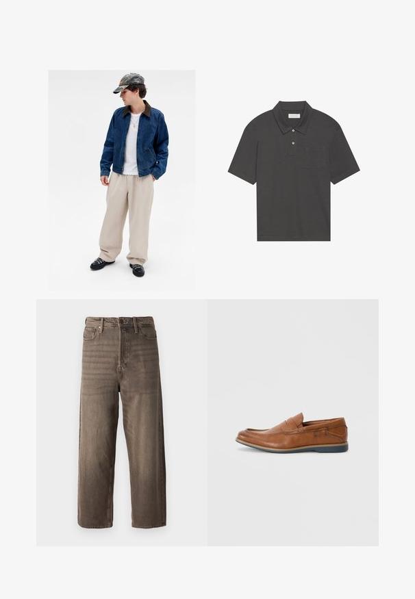 Jovem a usar um boné de camuflagem, jaqueta de ganga azul, camisa branca, calças largas bege, sapatos pretos e um colar de cruz dourado, posando contra um fundo branco.; Polo cinza escuro com colarinho tradicional, pala de três botões, mangas curtas e um bolso no lado esquerdo do peito. Textura do tecido suave.; Jeans largos castanhos em denim. Características incluem fecho éclair, passantes para cinto e cinco bolsos. O tecido apresenta uma aparência desbotada e texturizada.; Mocassins de couro castanho com bico arredondado, detalhes em costura e sola baixa em borracha. O design apresenta uma faixa na parte superior.