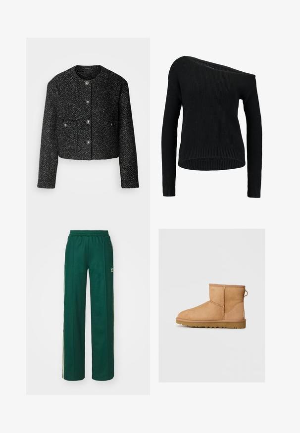 Must lendude nahkadega lühike jakk, mis on valmistatud struktuurse kanga, millel on kalasabamuster, ümarate kaelustega ja hõbedaste nupudega.; Must mustreeritud must särk, millel on asümmeetriline kaelus, pikad varrukad ja ribakujuline tekstuur. Särk on mugava lõikega ja soodsa äärega.; Tumed roheline sportlikud püksid, mis on lõdvema lõikega, koos paelaga vöökohas, küljetaskute ja kreemjate triipudega külgedel.; Taani nahast ankle-saapad ümarate varvastega, tikandi detailide ja tagumise tõmbluku kohta, tekstuuriga kummist tallaga. Kujundatud mugavuseks ja soojuseks.