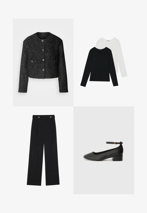 Fekete, változatos textúrájú anyagból készült, herringbone mintás rövidített dzseki, kerek nyakkivágással és ezüst színű patentgombokkal.; Két hosszú ujjú felső, az egyik fekete, a másik fehér, mindkettő négyzet alakú nyakkivágással rendelkezik, és puha, rugalmas anyagból készült.; Fekete, bő szárú nadrág magas derékkal, gombos részletekkel a derékrészen és elülső pliszékkal.; Fekete bőr magassarkú cipő hegyes orral és alacsony tömb sarkal. Bokapánttal rendelkezik, aranyszínű csattal. Simább textúra.