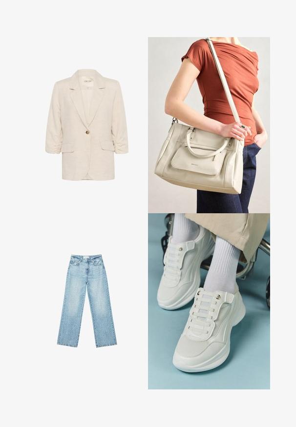 Jasno beżowa lniana marynarka z klapami, zapinana na jeden guzik, z marszczonymi rękawami 3/4. Posiada dwie przednie kieszenie.; Biała koszulka z krótkim rękawem o szerokim dekolcie, wykonana z miękkiego materiału, z fakturowanym prążkowanym wzorem, charakteryzująca się luźnym krojem i minimalistycznym designem.; Jasnoniebieskie jeansy z szerokimi nogawkami i wysokim stanem, z lekko wybledzonym wykończeniem i drobnymi, rozproszonymi przetarciami.; Białe sneakersy z siateczkowego materiału, gumową podeszwą, bezsznurowym designem z elastycznymi paskami oraz złotymi akcentami.; Biała skórzana torebka z podwójnymi uchwytami i odczepianym paskiem, z przednią kieszenią na zamek i gładką fakturą. Nioszona na ramieniu przez osobę.