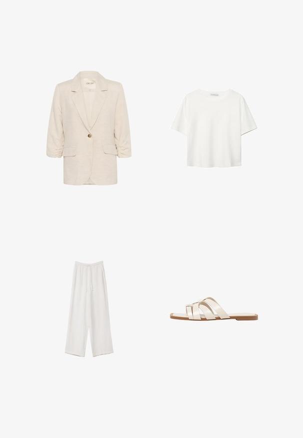 Svetlo béžová ľanová blúza s klopovým golierom, zapínaním na jeden gombík a nariasenými 3/4 rukávmi. Obsahuje dve predné vrecká.; Biela krátkopsová tričko vyrobené z bavlny. Má okrúhly výstrih a voľný strih. Hladká textúra bez viditeľných vzorov alebo akcentov.; Biele široké nohavice vyrobené z ľahkej tkaniny. Obsahujú elastický pás so sťahovacou šnúrkou a bočné vrecká. Hladká textúra.; Ploché sandále s hnedou gumovou podrážkou, navrhnuté s tromi prekrývajúcimi sa bielymi koženými popruhmi a malou mašličkou uprostred.