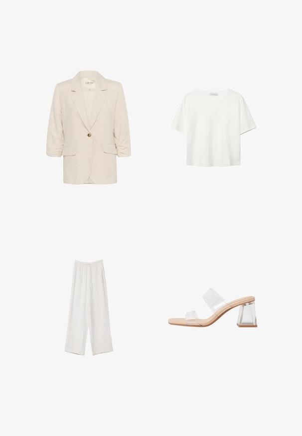 Vaaleanbeige pellavablazer, jossa on kääntökaulus, yksittäinen napitus ja rypytetyt 3/4-hihat. Sisältää kaksi etutaskua.; Valkoinen lyhythihainen T-paita, joka on tehty puuvillasta. Siinä on pyöreä kaula-aukko ja rento malli. Silkkinen pinta ilman näkyviä kuvioita tai koristeita.; Valkoiset leveälahkeiset housut kevyestä kankaasta. Ominaisuuksiin kuuluu elastinen vyötärö, jossa on nauhakuuluma ja sivutaskut. Sileä rakenne.; Läpinäkyvät korkokenkä sandaalit, joissa on kaksi kirkasta remmiä, beige pohja ja geometrija kirkas lohkokorko. Minimalistinen muotoilu sileällä pintarakenteella.
