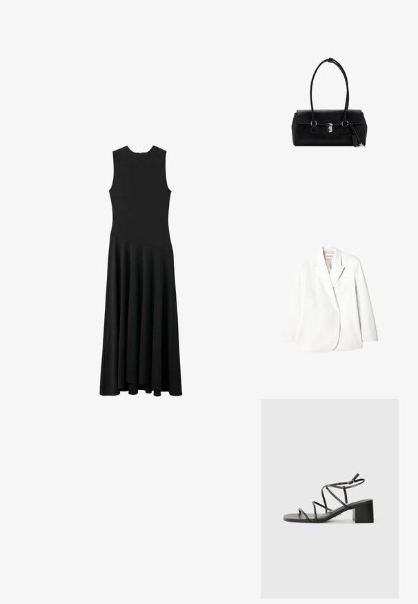 Blazer blanc ajusté avec revers en pointe, poche poitrine unique et manches longues. Tissu lisse avec un léger éclat, design minimaliste.; Robe maxi noire sans manches avec un corsage ajusté et une jupe évasée, arborant une texture lisse et un design minimaliste, sans fermetures visibles.; Sandales noires à lanières avec un orteil carré et un talon épais, fabriquées en matériau lisse. Comprend des brides de cheville réglables et un matériel minimal.; Sac à main en cuir noir avec une texture lisse, au design structuré, doté de deux poignées et d'un détail en métal argenté au centre.