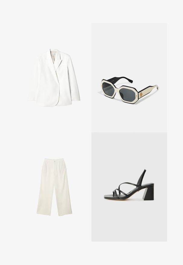 Blazer blanc ajusté avec revers en pointe, poche poitrine unique et manches longues. Tissu lisse avec un léger éclat, design minimaliste.; Camisole noir présentant une délicate garniture en dentelle sur les bords, un design asymétrique, des bretelles réglables et un tissu lisse semblable à de la satin.; Pantalons à jambes larges en tissu crème avec une texture lisse, dotés d'un seul bouton à l'avant, de plis subtils et d'un design taille haute.; Sandales noires à talons avec un bout carré, présentant plusieurs fines bretelles et un talon bloc géométrique. Texture en cuir lisse et design minimaliste.; Lunettes de soleil avec une monture octogonale blanche, des bords noirs et des verres gris. Un détail de logo doré sur le côté ajoute une touche distinctive.; Sac à main en cuir blanc avec ferrures dorées, doté d'un rabat et d'une bandoulière amovible et réglable. Ornement métallique rond au centre.