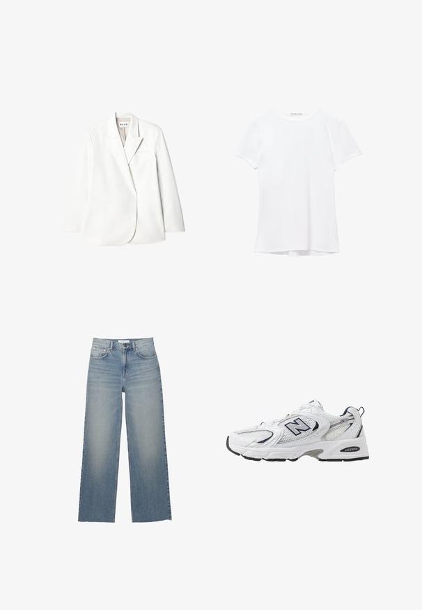 NA-KD OVERLAP - Blazer - white; Vit kortärmad t-shirt i mjukt tyg, med rund halsringning och diskreta sömnadsdetaljer vid fållen.; Ljusblå vida jeans i denim, med hög midja, framfickor och knäppning. Slät textur med blekta områden.; Vit sportskor med överdel i mesh, marinblå accenter och dämpad sula. Har "N"-logotyp, snörning och texturerad detalj på sidan.