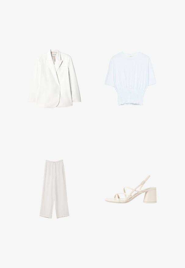 Blazer blanc ajusté avec revers en pointe, poche poitrine unique et manches longues. Tissu lisse avec un léger éclat, design minimaliste.; T-shirt blanc à manches courtes avec une coupe décontractée et une texture froncée à la taille. Fabriqué en tissu doux et léger.; Pantalons larges blancs en tissu léger. Dotés d'une taille élastique avec cordon de serrage et de poches latérales. Texture lisse.; Sandales à talons beiges avec des fines brides entrecroisées, bout ouvert et un talon carré. Fini en vernis lisse, bride de cheville réglable.