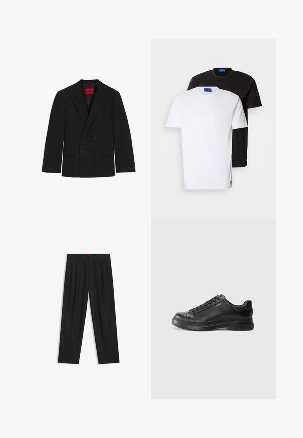 Musta kaksoisnapitettu bleiseri, joka on valmistettu sileästä kankaasta. Siinä on teräväkauluksiset läpät, kaksi etupussia ja mustat nappikoristeet. Sisällä kirkkaanpunainen etiketti.; Kaksi T-paitaa pinottuna: yksi valkoinen ja yksi musta. Lyhyet hihat, pyöreät kaula-aukot, puuvillakangasta. Kaula-aukossa pieni sininen logo.; Mustat housut, joissa on poimutettu muotoilu, leveä lahjetyyppi ja sileä pinta. Varustettu punaisella vyötärötagilla.; Musta nahkakengät, joissa on teksturoidun pinnan, pehmustettu kaulus ja punainen logo. Kengissä on paksu kumipohja, jossa on selkeä uramalli.