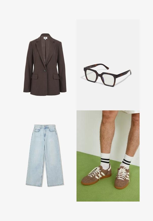 Smeđi sako s prugastim uzorkom, s reverima, zatvaranjem na jedan dugmad i dva prednja džepa. Glatka unutrašnja podstava u tamnijoj nijansi.; Dugi rukav s majicom od boje krem, s blagim nabráním sa strane i klasičnim ovratnikom. Glatka tekstura, jednostavan dizajn.; Svijetloplave široke traperice, izrađene od denima, s visokim strukom, dizajnom s pet džepova i vidljivim šavovima duž šavova.; Smeđe nubuk tenisice s bijelim detaljima i vezicama. Gumeni potplat. Nosene s bijelim čarapama s crnim prugama. Zeleno teksturirano pod.; Kvadratne naočale s okvirom od acetata u boji kornjačevine i prozirnim staklima. Imaju široka uha i mat finiš, što povećava ukupnu izdržljivost.; Smeškan smeđi kožni torbica u obliku trokuta. Ima pletenu ručku i patentni zatvarač na vrhu.