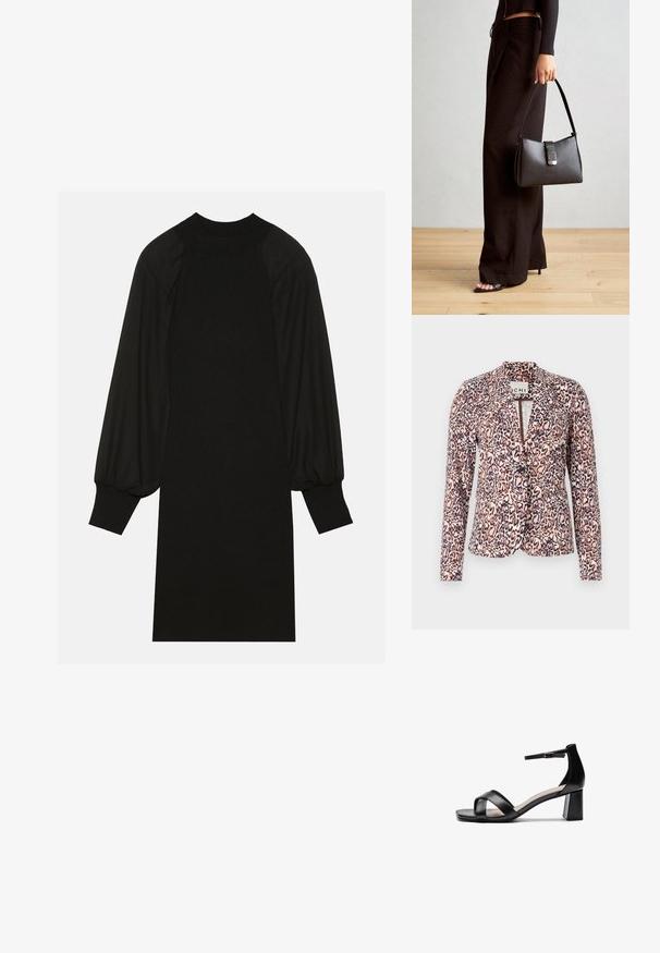 Fleekleopardimustriga bleiser roosa ja beeži tooni, mis on varustatud ühe nööbiga kinnitusega, kohandatud lõikega ja pikkae käistega. Pehme kangas struktureeritud disainiga.; Mustmust kleit, millel on ribatud kangas, puffse varrukad ja kõrge kaelus. Siluett on sirge ja ulatub põlve.; Must mustaga avatud varvastega kontsasaapad, millel on ristatud rihmad, reguleeritav pahkluu riba ja tükike konts, millel on sile nahk tekstuur.; Must musta kott, millel on struktureeritud kuju, sile tekstuur ja metallist klamber. Kombineeritud laiate mustade pükstega ja avatud varvaste sandaalidega puidust põrandal.