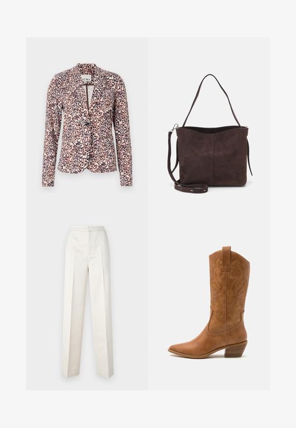 Leopard print blazer in pink and beige tones, featuring a single button closure, tailored fit, and long sleeves. Soft fabric with structured design.; Two cotton crop tops in white and black. Each has a deep neckline and thin shoulder straps, featuring a smooth, soft texture.; Cream-colored trousers with a tailored fit, featuring a straight leg, smooth fabric, front pleats, and clean hem. Minimalist design.; Tan leather cowboy boot with pointed toe, embroidered swirl patterns on shaft, and a stacked block heel. Features a pull tab for easy wear.; Brown suede tote bag with a soft texture, featuring a single shoulder strap and a subtle curved top opening. No visible hardware details.