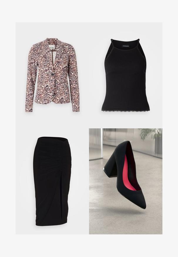 Lepardmønstret blazer i pink og beige nuancer, med enkelt knaplukning, skræddersyet pasform og lange ærmer. Blødt stof med struktureret design.; Svart ribbet tanktopp med scallop lace detaljer i kanten. Har tynne stropper og en kroppsnær design. Laget av elastisk stoff.; Svart, rynket blyantskjørt med knyting og sidelits. Laget av et elastisk stoff, med en glatt tekstur og en kroppsnær passform.; Svart høye hæler med spiss tå, teksturert overflate og en livlig rosa innside. Har en kraftig hæl med sølvdetaljer.