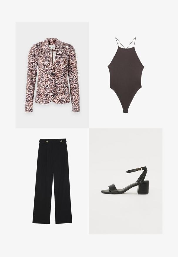 Leopardi-kuosiset bleiseri vaaleanpunaisissa ja beigen sävyissä, jossa on yksittäinen napitus, muotoon ommeltu leikkaus ja pitkät hihat. Pehmeä kangas strukturoidulla suunnittelulla.; Ruskea, korkeakauluksinen yksiosainen uimapuku, jossa on ohuet, säädettävät hihnat; siinä on korkea lahje ja sileä tekstuuri. Ei kuvioita tai koristeita.; Mustat leveälahkeiset housut, joissa on korkea vyötärö, napit vyötärönauhassa ja etupuolella laskokset.; Mustat korkokenkä-sandaalit, joissa on sileä nahkapinta, avoin varvas, leveät etuvarteen strapit ja säädettävä nilkkastrap, jossa on kultainen solkiyksityiskohta.