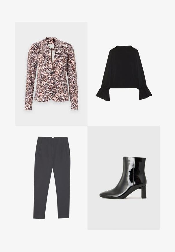 Leopard print blazer in pink and beige tones, featuring a single button closure, tailored fit, and long sleeves. Soft fabric with structured design.; Black long-sleeve top featuring flared cuffs, soft texture, and a relaxed fit, with a simple round neckline.; Dark gray tapered trousers with side pockets and front pleats, designed for a tailored fit.; Black patent leather ankle boot with a pointed toe and a mid-height block heel. Smooth texture and minimalist design.