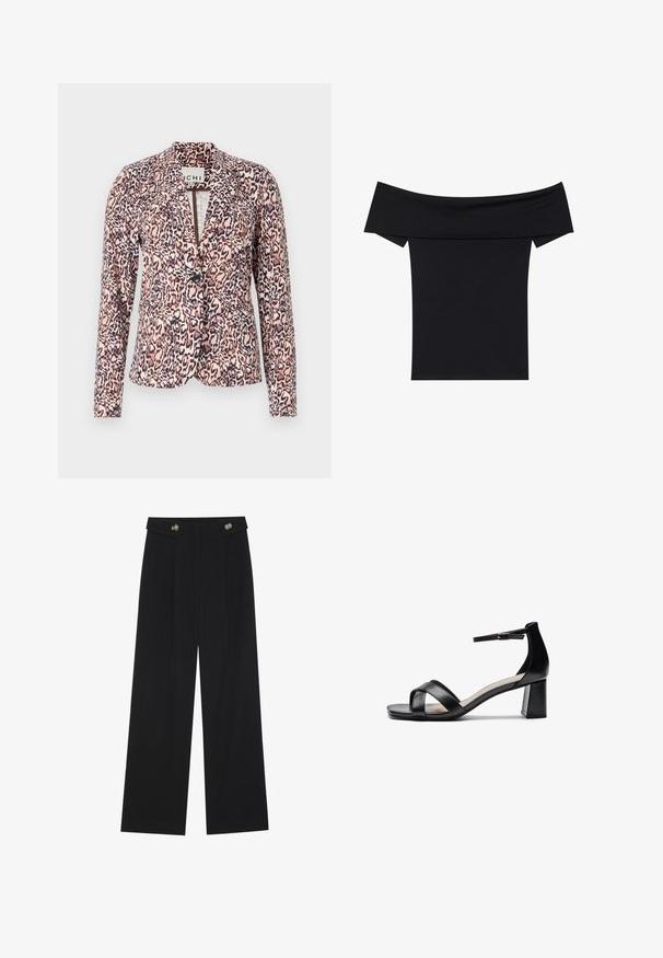 Leparda raksta žakete rozā un bēša toņos, ar vienu pogu aizdari, pieguļošu siluetu un garām piedurknēm. Maigs audums ar strukturētu dizainu.; Melns topiņš bez pleciem, izgatavots no mīksta stiepjama materiāla. Iezīmēts ar īsām piedurknēm un pieguļošu siluetu. Vienkāršs, bezšuvju dizains.; Melnas platās bikses ar augstu jostasvietu, pogu detaļām uz jostas un priekšējām krokām.; Melnas atvērtās pirkstgala augstpapēžu čības ar krusteniskām siksnām, regulējamu potītes siksnu un masīlu papēdi, ar gludu ādas virsmu.