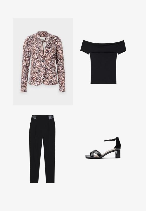 Fleekleopardimustriga bleiser roosa ja beeži tooni, mis on varustatud ühe nööbiga kinnitusega, kohandatud lõikega ja pikkae käistega. Pehme kangas struktureeritud disainiga.; Must värvitud top, mis jääb õlgadele, on valmistatud pehmest ja venivast kangast. Sellel on lühikesed varrukad ja kohandatud siluett. Lihtne, õmblusteta disain.; Kohandatud mustad püksid, millel on peen disain, voldid ees ja läikivad mustad nahkaksessuaarid vööl. Sile kangastekstuuri.; Must mustaga avatud varvastega kontsasaapad, millel on ristatud rihmad, reguleeritav pahkluu riba ja tükike konts, millel on sile nahk tekstuur.