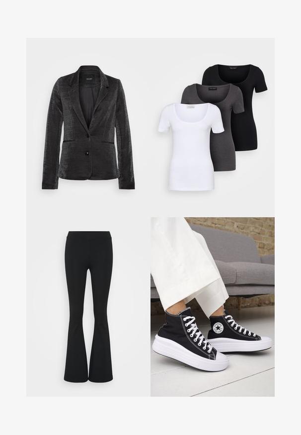 Black blazer with a textured fabric, single button closure, two front pockets, and a classic lapel design, featuring a smooth interior lining.; Three fitted T-shirts in white, gray, and black. Each features a wide scoop neckline and short sleeves. Made from smooth, stretchy fabric.; Black flared pants made of stretchy fabric, featuring a high waistband and a smooth texture. The pants flare out from the knee.; Black high-top sneakers with white rubber soles and laces. Features a round logo patch and contrasting white stitching. Canvas material.