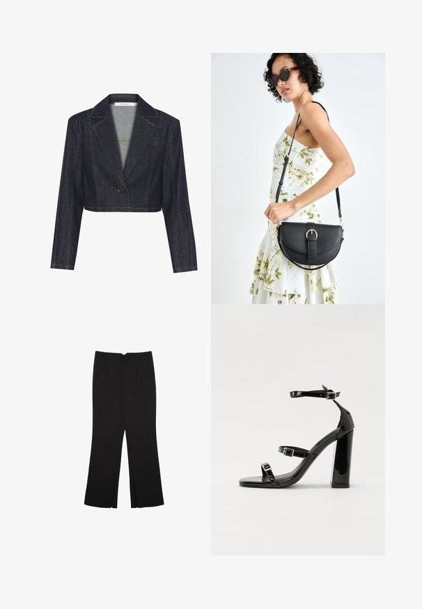 Skraćeni tamnoplavi traper sako s oštrim reverima, zatvaranje na jedan dugme i kontrastnim žutim šavovima. Glatka tekstura.; Crna majica kratkih rukava od glatkog materijala; ima drapirani izrez i asimetrični donji rub, uz prilagođeni kroj tijela.; Crne hlače ravnog kroja, s prednjim džepovima i bočnim prorezima na rubu. Izrađene od mekog i glatkog materijala. Pogodne za razne prigode.; Crne lakirane sandale na pete sa kvadratnim nosom, trakama oko gležnja i srebrnim kopčama. Imaju čvrst blok petu za stabilnost.; Crna kožna torba s lukovitim oblikom, odvojivim remenom i zlatnim detaljima. Torba ima preklop s kopčom.