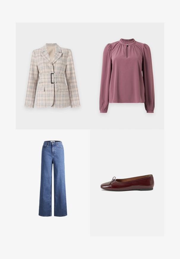 Beige kostkovaný blejzr s přiléhavým pasem, velkou černou sponou na pásku, klopami a dvěma předními kapsami. Texturovaná tkanina s modrými akcenty.; Halenka s dlouhým rukávem v barvě mauve, s nařaseným límcem, výstřihem ve tvaru klíče se zapínáním na knoflík a mírně našitými rameny.; Svetle modré denimové široké kalhoty s vysokým pasem, dvěma předními kapsami a viditelným švem. Obsahují knoflíkový a zipový uzávěr.; Burgundské lakové baleríny s kulatou špičkou, malou mašlí vpředu a nízkou černou gumovou podrážkou. Hladký povrch.