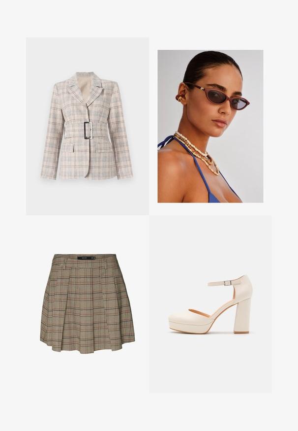 Beige rutete blazer med en formtilpasset midje, stor sort beltespenne, klafferevers og to frontlommer. Strukturert stoff med blå detaljer.; Hvit langermet bluse med klassisk krage, knapper foran og samlet detalj på siden. Glatt stoff med en skreddersydd fasong.; Vero Moda VMELLIE MITTLERE TAILLE - A-line skjørt - silver mink; Kremfargede plattformhelter med rund tå og justerbar ankelreim. Har en kraftig blokkhæl med en lett tresaccent.; Burgunderfargede katteøyne solbriller med mørke linser, intrikate brune perlekjeder, og en blå stoffoverdel. Glatt hud med en naturlig finish.