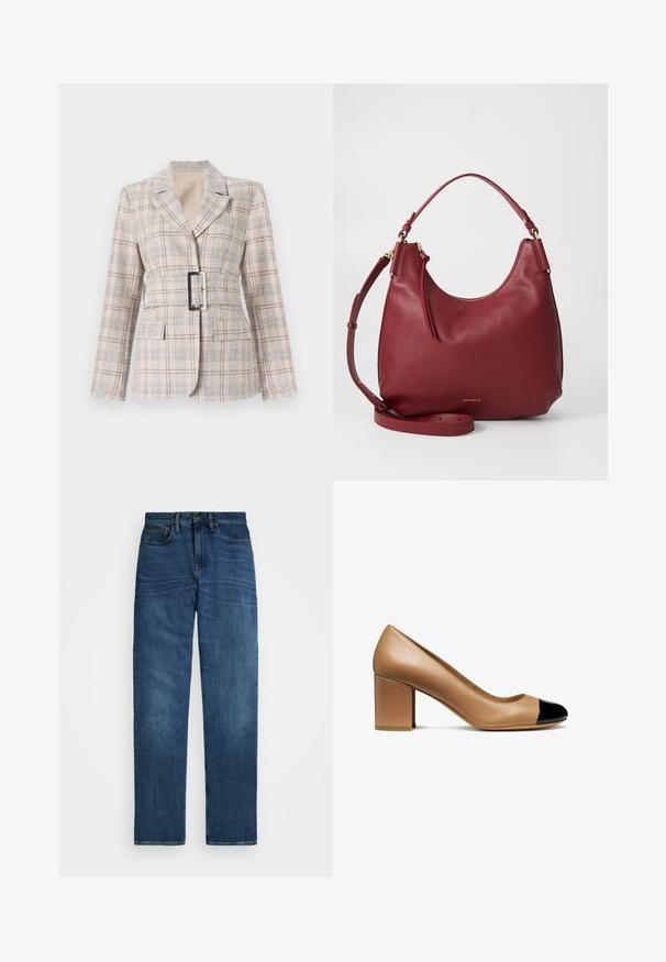 Blazer de cuadros beige con una cintura ajustada, hebilla de cinturón negra grande, solapas con muesca y dos bolsillos frontales. Tejido texturizado con acentos azules.; Blusa blanca de manga larga con cuello clásico, cierre frontal de botones y detalle fruncido en los laterales. Tejido suave con una forma entallada.; Jeans de mezclilla azul oscuro con corte recto, cierre de botón sencillo y trabillas para el cinturón estándar. Presentan un ligero desgaste y un diseño clásico de cinco bolsillos.; Zapato de tacón de cuero beige con punta redondeada y una capa de charol negro, que cuenta con un tacón cuadrado y una textura suave.; Bolso hobo en cuero graneado rojo oscuro, con cremallera dorada, correa de hombro ajustable y un sutil acento de logo en la base.