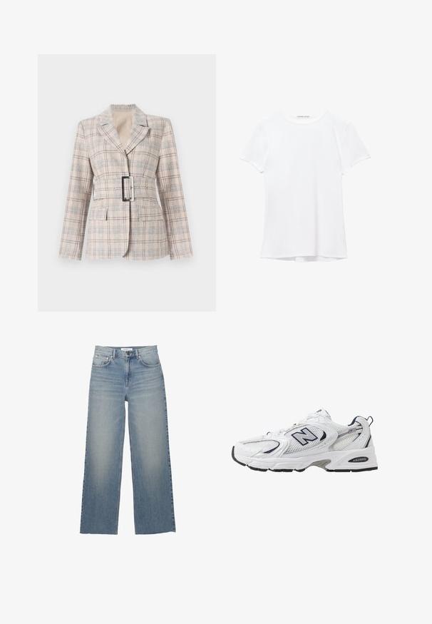 Blazer a quadri beige con vita aderente, grande fibbia nera, rever a punta e due tasche frontali. Tessuto effetto con accenti blu.; T-shirt bianco a maniche corte realizzato in tessuto liscio, caratterizzato da un colletto rotondo e dettagli di cucitura discreti all'orlo.; Jeans a gamba larga di un azzurro chiaro, realizzati in denim, con vita alta, tasche frontali e chiusura con bottone. Texture liscia con zone sbiadite.; Scarpa sportiva bianca con tomaia in mesh, dettagli in blu marino e suola imbottita. Presenta il logo "N", lacci e dettaglio texturizzato sul lato.