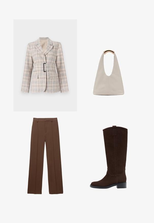 Bež karirast pusta s prilegajočim pasom, velikim črnim sponko za pas, zareznimi reverji in dvema sprednjima žepoma. Teksturni material z modrimi poudarki.; Rjava rebrasta kratka majica s nekoliko ukrivljenim robom. Mehka tekstura in sproščen fit, z okroglo izreznico in minimalnimi šivi.; Rjav, širok nogavice iz gladkega materiala; vključuje podložene sprednje plošče in raven pas s zanke za pas.; Rjavi semiš škornji do kolen z zaobljenim nosom, subtilnim šivom in nizko blok peto; imajo tudi zanko na vrhu za preprosto oblačenje.; Svetlo siva usnjena torba z U-oblika zasnovo in ukrivljenim kovinskim ročajem. Gladka tekstura z minimalnim šivom in brez vidnih vzorcev.