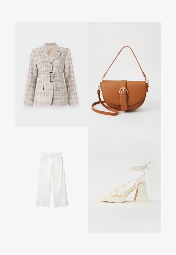Bež karirast pusta s prilegajočim pasom, velikim črnim sponko za pas, zareznimi reverji in dvema sprednjima žepoma. Teksturni material z modrimi poudarki.; Bela kratka majica s kratkimi rokavi iz bombaža. Ima okroglo izrezovanje in sproščen kroj. Gladka tekstura brez vidnih vzorcev ali poudarkov.; Bela široka hlače iz mehkega materiala, z vrvico v pasu in dvema sprednjima žepoma. Gladek texture in brez vidnih vzorcev.; Bela sandala na visokih petah s debelim petam, ki ima obliko trakcev in vezanje okoli gležnja. Gladka tekstura z platformo spredaj za dodatno višino.; Rjava usnjena torbica prek telesa s ukrivljeno obliko, zlate opreme in sponko. Ima odstranljiv naramni trak.