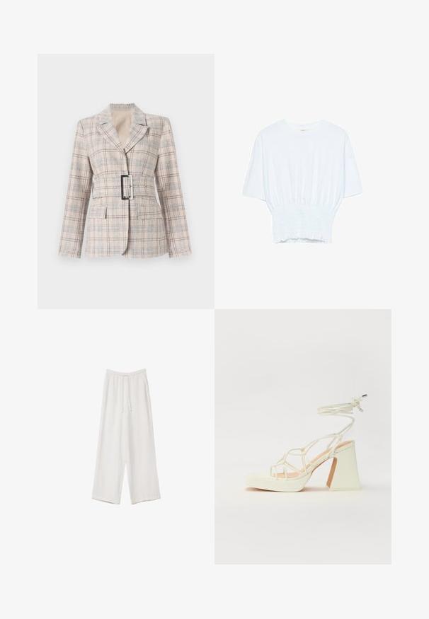Beige plaid blazer med en figursyet talje, stort sort bæltespænde, klapveder og to forlommer. Tekstureret stof med blå detaljer.; Hvid kortærmet T-shirt med afslappet pasform og smocked tekstur ved taljen. Lavet af blødt, letvægtsstof.; Hvide bukser med bred benlængde lavet af et letvægtsstof. Har et elastisk talje med snor og sidelommer. Glat tekstur.; Hvide højhælede sandaler med en kraftig hæl, der har et stropdesign og ankelbinding. Glat tekstur med en platform foran for ekstra højde.