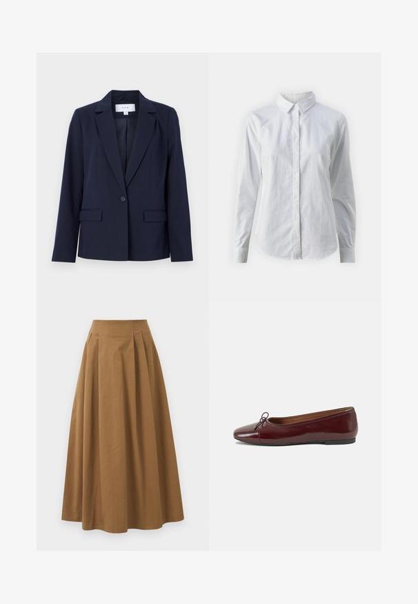 Blazer blu navy con revers, chiusura a un bottone e due tasche frontali, realizzato in tessuto liscio. Vestibilità adattata con maniche lunghe.; Camicia bianca con bottoni, realizzata in cotone liscio, dotata di un colletto classico, maniche lunghe e orlo curvo. I bottoni sono piccoli e bianchi.; Gonna A-line in cotone marrone con vita alta, caratterizzata da pince sulla parte anteriore e una texture liscia. Le finiture dell'orlo sono pulite e semplici.; Ballerine in pelle verniciata bordeaux con punta arrotondata, piccolo fiocco decorativo sulla parte anteriore e suola bassa in gomma nera. Texture liscia.