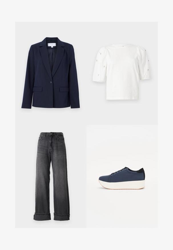 Tamsiai mėlynas bleizeris su įpjovimu ant atlapų, vienu sagos uždarymu ir dviem priekinėmis kišenėmis, pagamintas iš lygios medžiagos. Priderinta figūra su ilgomis rankovėmis.; Balta medvilnės marškinėliai trumpomis pūstomis rankovėmis, papuošti mažomis sidabrinėmis detalėmis ant rankovių. Klasikinis apvalus iškirpimas, laisvas siluetas.; Plonos kojų džinsai tamsiai pilkame džinsiniame audinyje, turintys aukštą juosmenį, penkias kišenes ir sukamuosius kraštus papildomam akcentui. Lygus tekstūra su subtiliais blukimais.; Tamsiai mėlynas sportinis batelis su tekstūruotu audiniu viršuje, baltu platformos padu, apvaliu pirštu ir juodu kulno akcentu.š. Yra šešios skylės raišteliams.