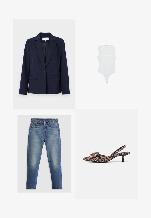 Tamno plavi blazer s naočig lapelom, jednim dugmetom za zatvaranje i dva prednja džepa, izrađen od glatkog materijala. Prilagođen kroj s dugim rukavima.; Bijela bodi s kvadratnim izrezom, bez rukava, glatke teksture i kopčanjem na dnu. Jednostavan i minimalistički stil.; Svijetloplavi traperice ravnog kroja, s pet džepova, dugmetom za zatvaranje i suptilnim izblijeđivanjem na bedrom. Vidljivo kontrastno šivanje.; Slingback potpetice s uskim vrhom od tkanine s leopard uzorkom, s naglaskom na mašnu, koje imaju nizak crni potplat i glatku teksturu.