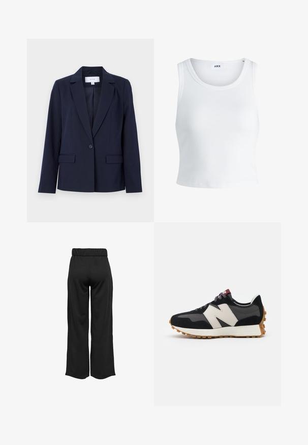 Navy blue blazer dengan revers terpotong, penutupan tombol tunggal, dan dua saku depan, terbuat dari kain halus. Fit terukur dengan lengan panjang.; Valkoinen ribbattu hihaton toppi, jossa on pyöreä pääntie ja lyhyt malli. Tunnuslukuna lukee "JJXX". Sujuva kangas.; Mustat, leveälahkeiset housut, joissa on joustava vyötärö, valmistettu sileästä kankaasta. Ominaisuuksia ovat puhdas muotoilu ilman taskuja tai näkyviä ompelusaumoja.; Mustat ja harmaat mokkakenkä, jossa on suuri kermanvärinen "N"-logo, violetit nauhat ja teksturoitu kumipohja.