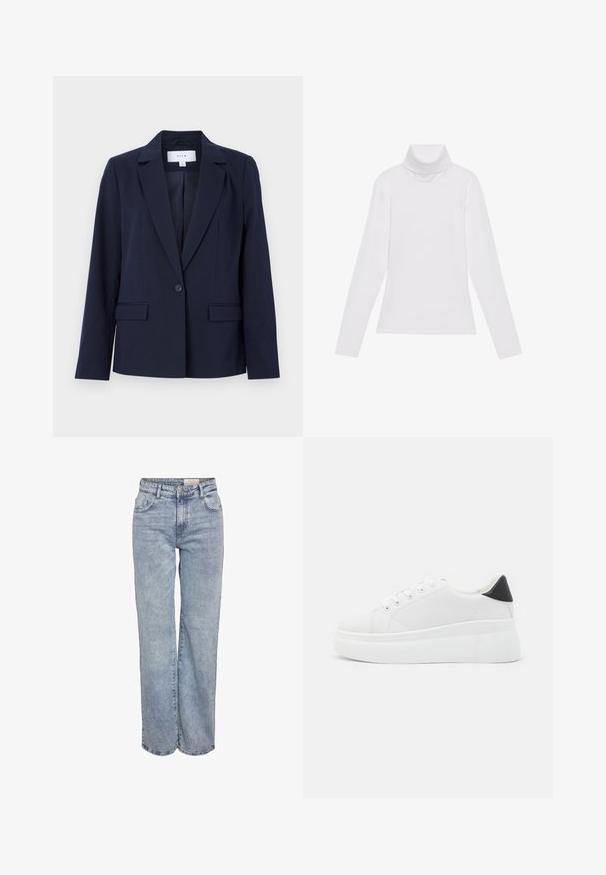 Blazer blu navy con revers, chiusura a un bottone e due tasche frontali, realizzato in tessuto liscio. Vestibilità adattata con maniche lunghe.; Maglia a maniche lunghe bianca a collo alto realizzata in tessuto morbido ed elastico. Presenta un colletto alto e un design aderente, senza motivi o decorazioni visibili.; Jeans a gamba larga di colore azzurro chiaro realizzati in denim, con vita alta, design a cinque tasche e leggera scoloritura per un aspetto vissuto.; Sneakers platform bianchi realizzati in materiale sintetico liscio, con punta arrotondata, design con lacci e suola in gomma texture. Accento nero nel tallone.