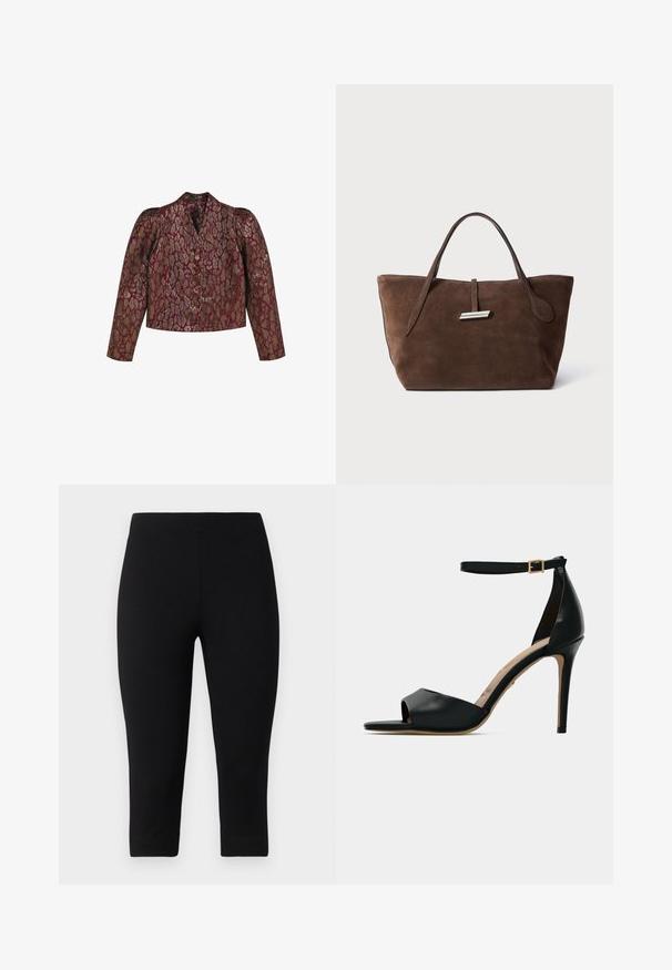 Burgunderfarbener Jacquard-Blazer mit gold- und silberfarbenem Tierdruck, strukturierten Schultern, langen Ärmeln und einer Frontknopfschließe.; Langärmlige, kragenlose Wickelbluse in Beige mit einem braunen Tigermuster; verfügt über eine gebundene Taille und eine weiche, durchsichtige Textur.; Schwarze Capri-Leggings aus dehnbarem Material, die eng anliegen und eine glatte Textur aufweisen, ohne auffällige Muster oder Akzente.; Schwarze hochhackige Sandale mit offenem Zeh, glattem Lederoberteil, Knöchelriemen mit goldener Schnalle und beigem Fußbett.; Braune Wildleder-Tote mit zwei weichen Griffen, einem vertikalen Riemen mit silbernem Akzent und einem weiten, offenen oberen Bereich. Glatte Textur, minimalistisches Design.