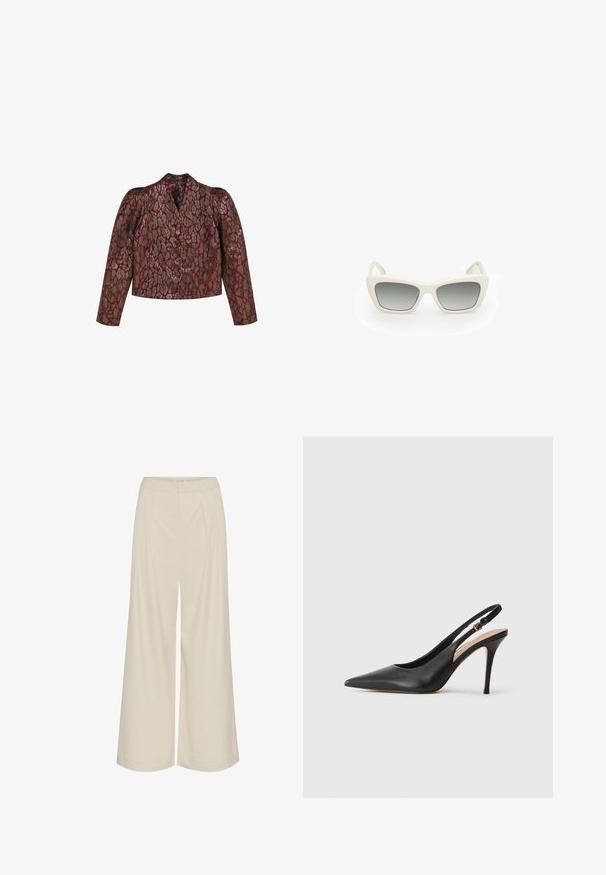 Bordeaux jacquardjakke med guld- og sølv-dyrprint, strukturerede skuldre, lange ærmer og lukning med frontknap.; Hvid kortærmet t-shirt lavet af glat bomuld med høj hals og korte ærmer. Lille broderet logo i bunden af hjørnet.; Vide bukser i en lys beige stof, med folder, høj talje og en glat tekstur uden synlige pynt.; Sort læder slingback højhælet sko med spids tå, glat tekstur og en delikat rem med en metallisk spænde.; Sunglasses med katteøje-design, hvid plastikramme, grå gradientlinser og tynde stænger med subtil brandingdetalje.