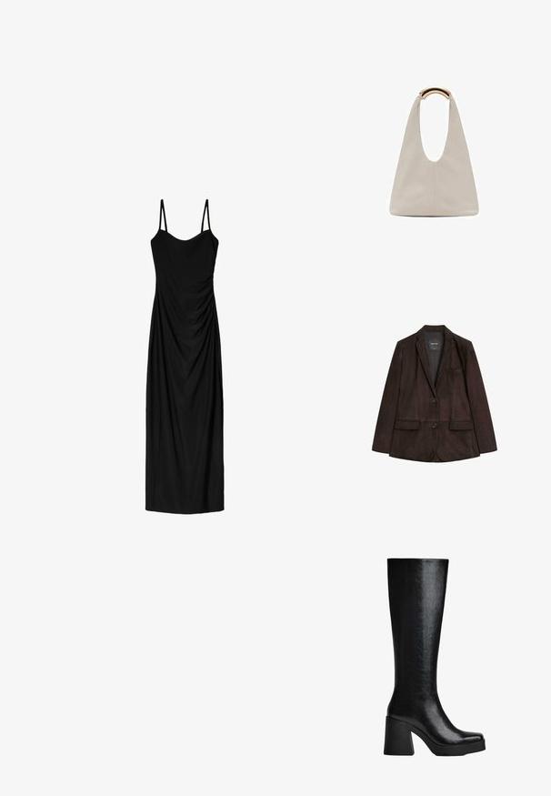 Bruine suede blazer met een notch-lapel, enkele knoopsluiting, twee voorzakken en een borstzak. Vloeiende textuur en op maat ontworpen.; Zwart midi-jurk met dunne verstelbare bandjes, voorzien van een gedrapeerd ontwerp en een gladde textuur. Geen zichtbare patronen of versieringen.; Zwarte knie-hoge laars van gestructureerd synthetisch materiaal, met een vierkante neus, chunky hoge hak en een glad, gestroomlijnd oppervlak.; Lichtgrijze leren tas met een U-vormig ontwerp en een gebogen metalen handvat. Glad oppervlak met minimale stiksels en geen zichtbare patronen.
